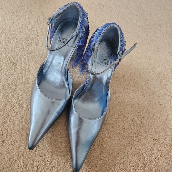 JEFFREY CAMPBELL Show Stop Light Blue Metallic Beaded Fringe Leather Pumps - Picture 10 of 16